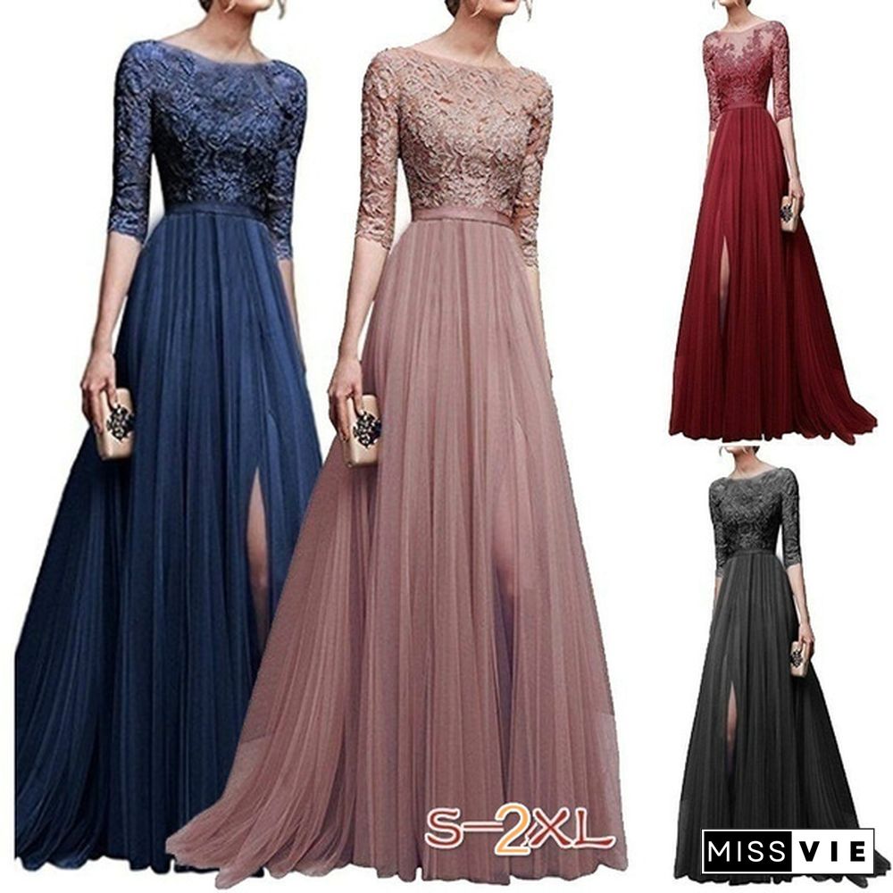 Women Long Sleeve Elegant Lace Long Dress Women A Line Tulle Party Prom Long Dress Wedding Dress Asian Size S-2XL