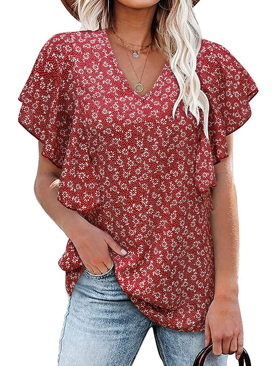 Summer V-neck Floral Pleated Short-sleeve Blouse