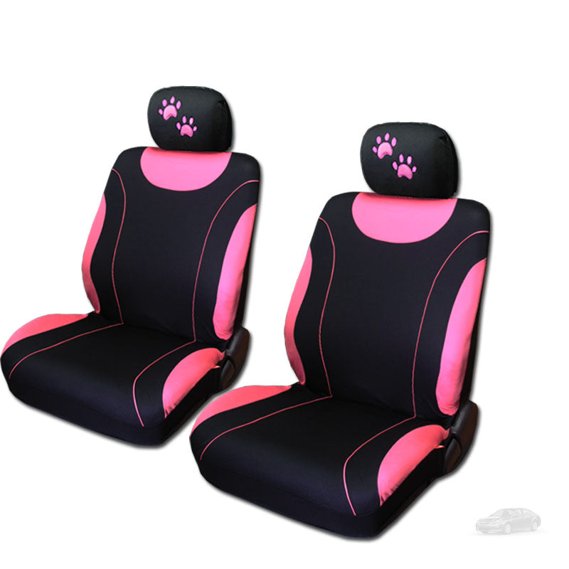 NEW 12 Pieces Flat Polyester Sleek Design Black and Pink Front and Rear Car Seat Covers And Pink Paws Headrest Covers Set with 4 Black Color Carpet Floor Mats Complete Set - Shipping Included