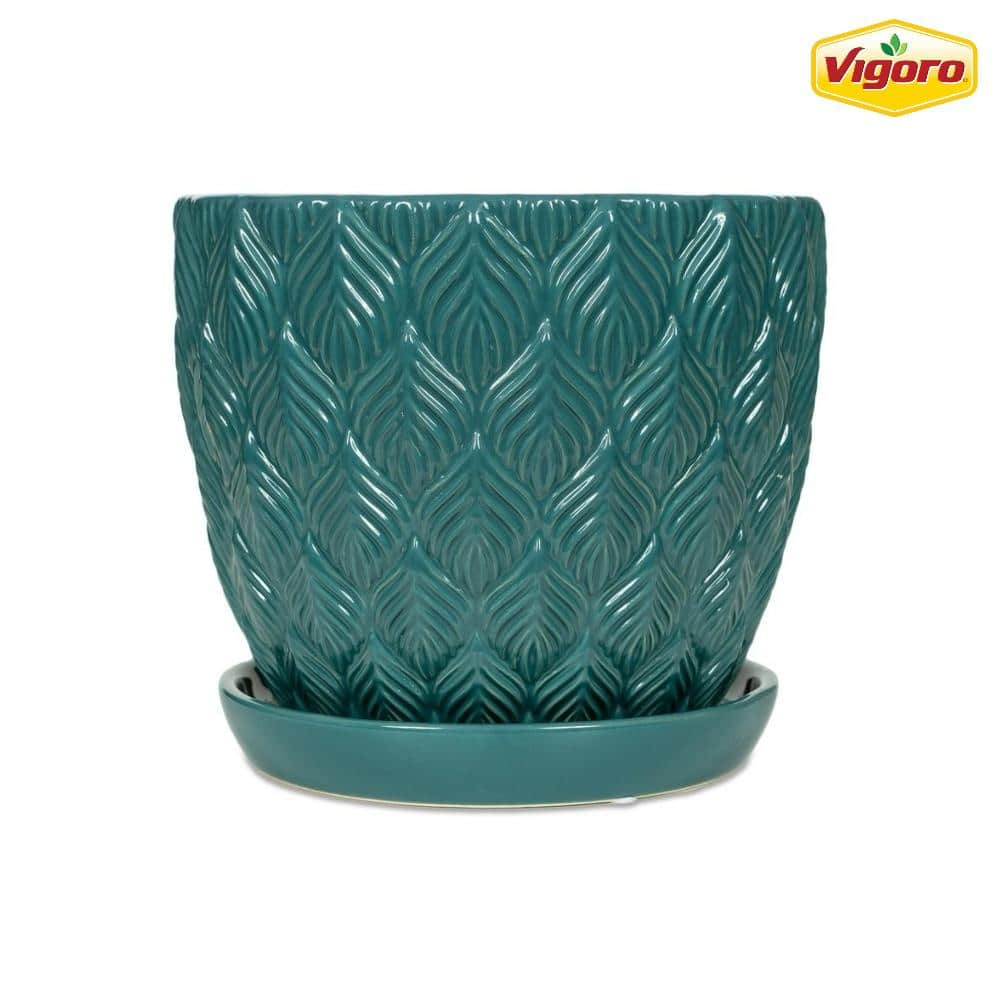 Vigoro 8 in. Colusa Small Teal Leaf Textured Ceramic Planter (8 in. D x 7.3 in. H) with Drainage Hole and Attached Saucer 527358