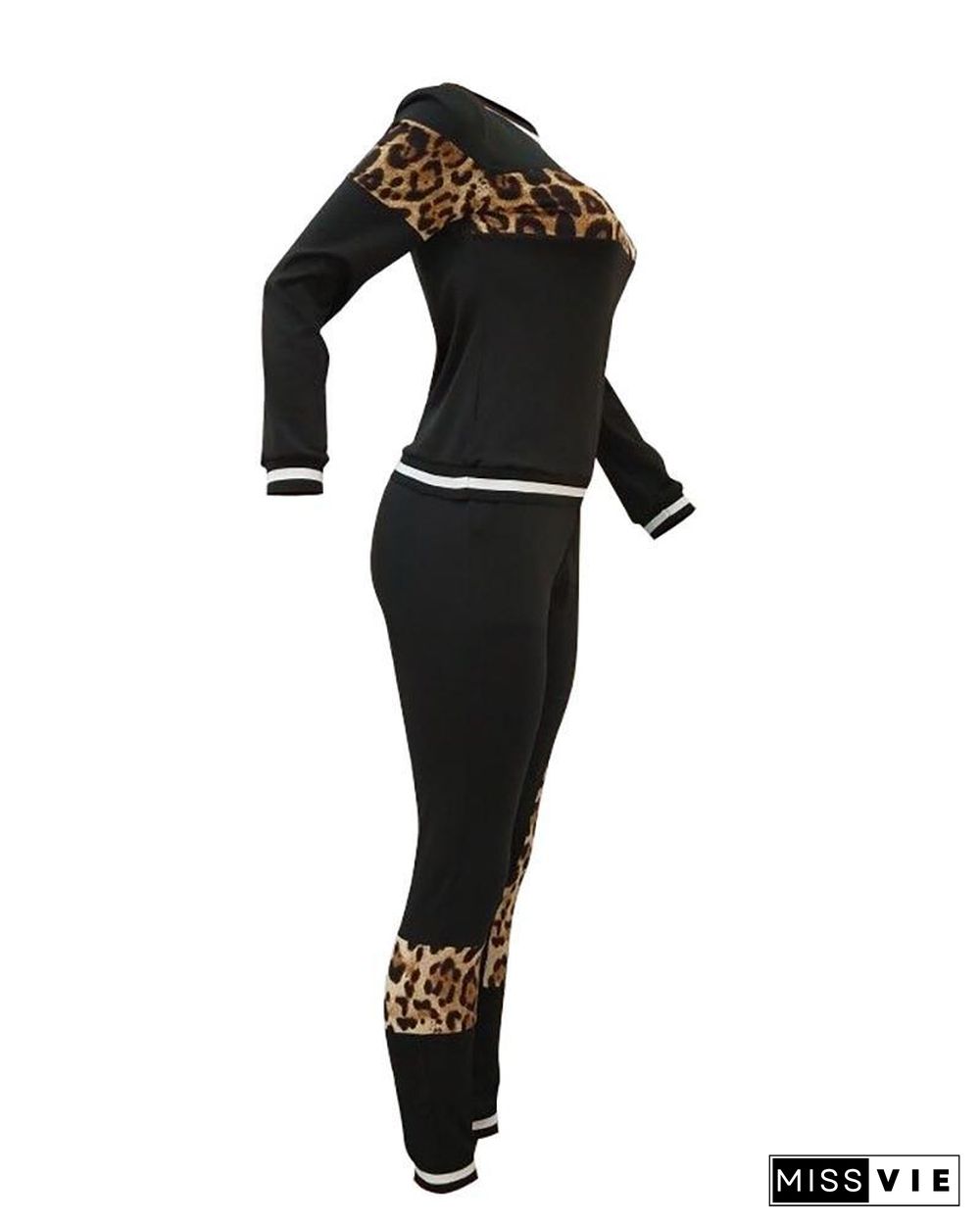 Solid Patchwork Leopard Long Sleeve Top & Pant Sets P15246