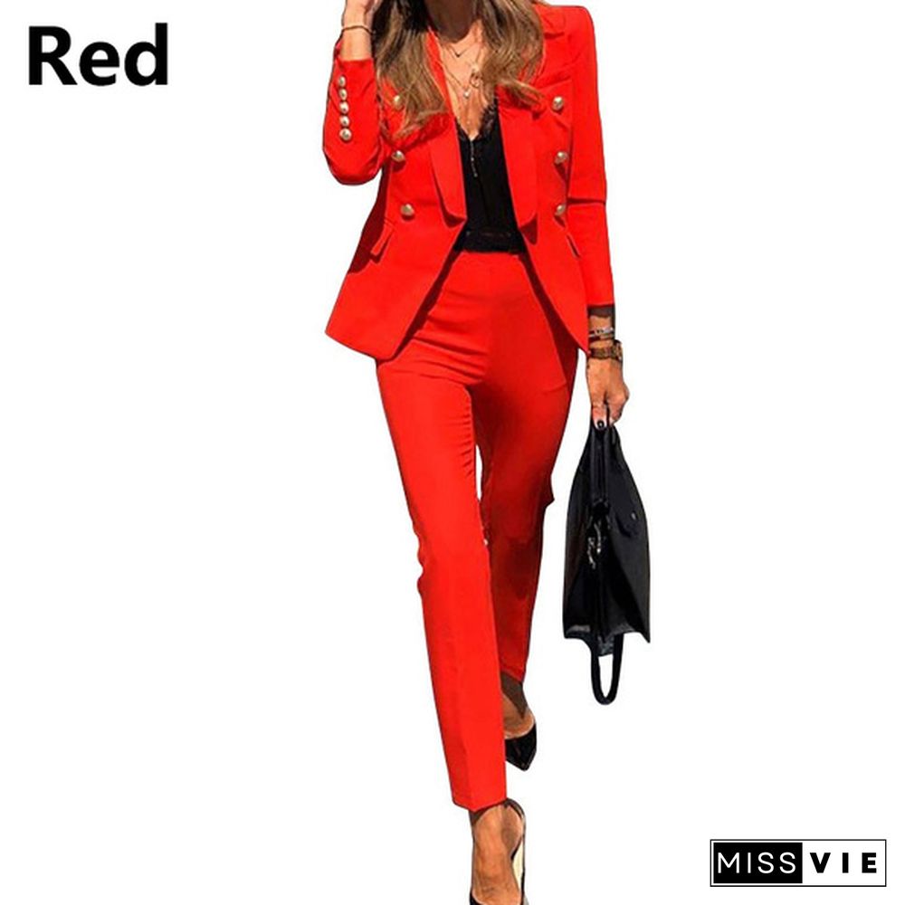 Women's Solid Color Work Blazer Business Suit Set Jacket Pants Formal Office Outfits