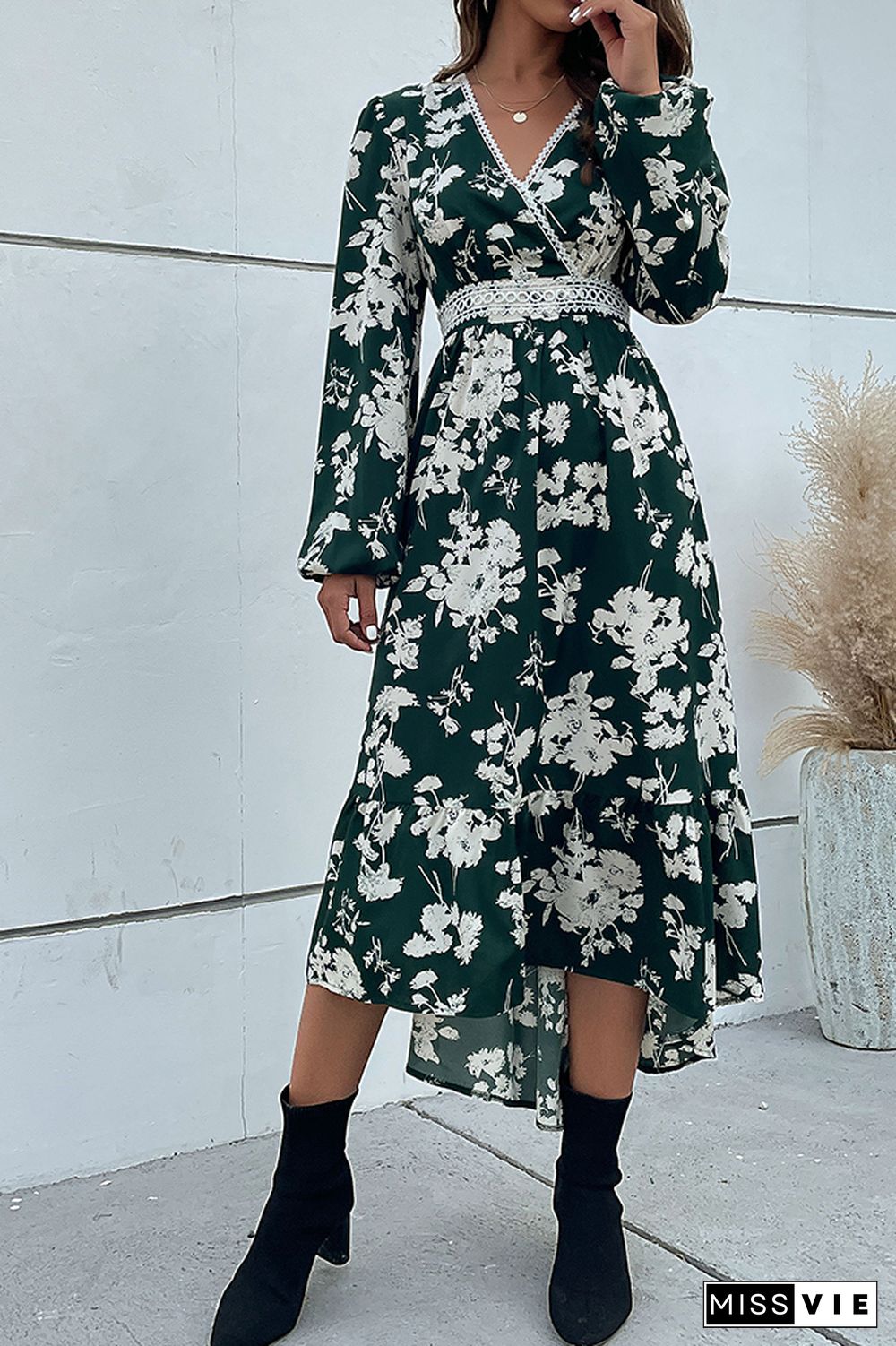 Green Wrap V Neck High Waist Floral Maxi Dress