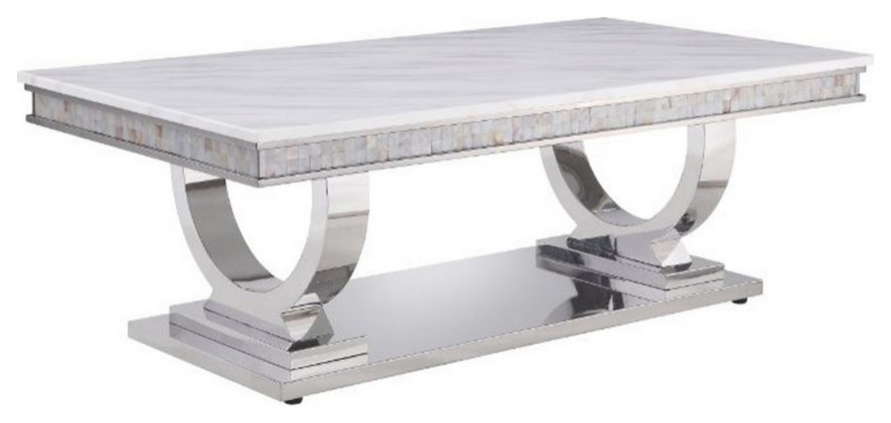 Coffee Table With Faux Marble Top and Steel Base  White and Silver   Contemporary   Coffee Tables   by VirVentures  Houzz