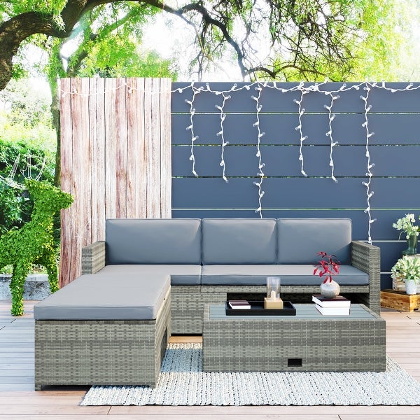 4-piece Outdoor Backyard Patio Rattan Sofa Set， All-weather PE Wicker Sectional Furniture Set with Retractable Table， Gray - Overstock - 37254150