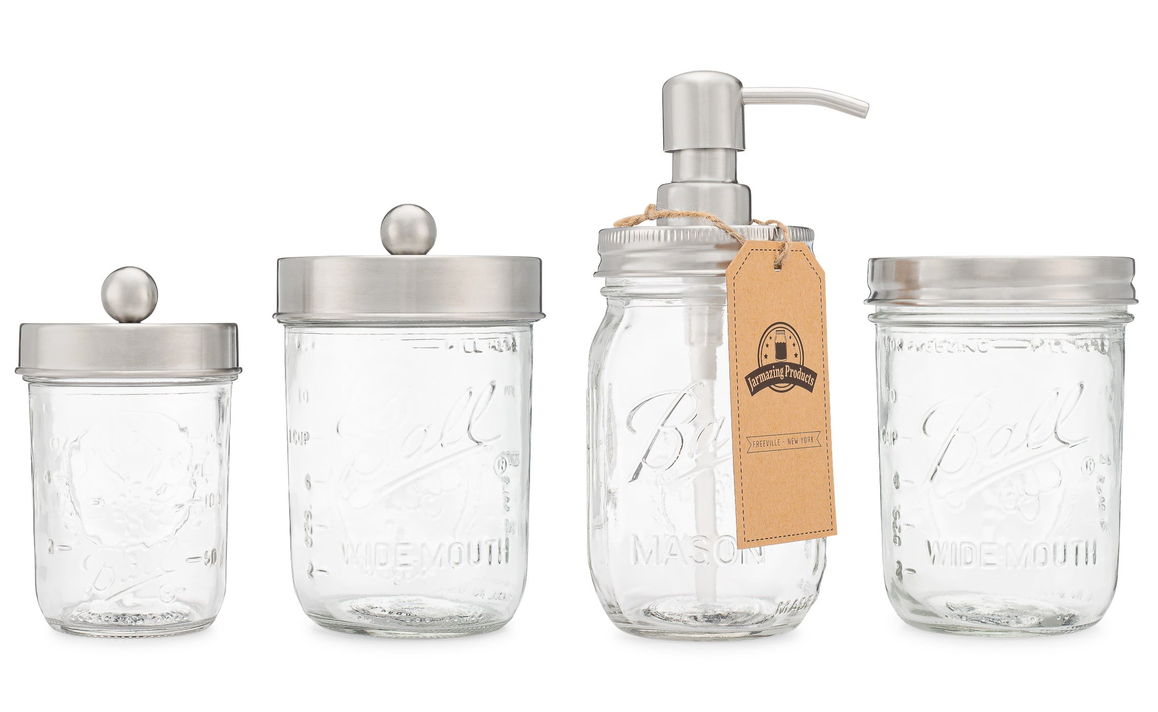 Mason Jar Bathroom Gift Set (4 pcs) - Lotion/Soap Dispenser， Toothbrush Holder， Q-Tip Storage Jars - Farmhouse Home Decor for Vanity Organization - Luxury Bathroom Accessories - Stainless Steel