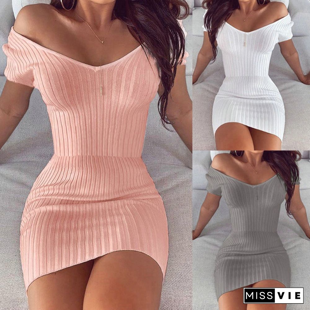 Fashion Women V-neck Bodycon Sexy Knitted Dresses Petal Cuff Pullover Mini Solid Dress for Woman