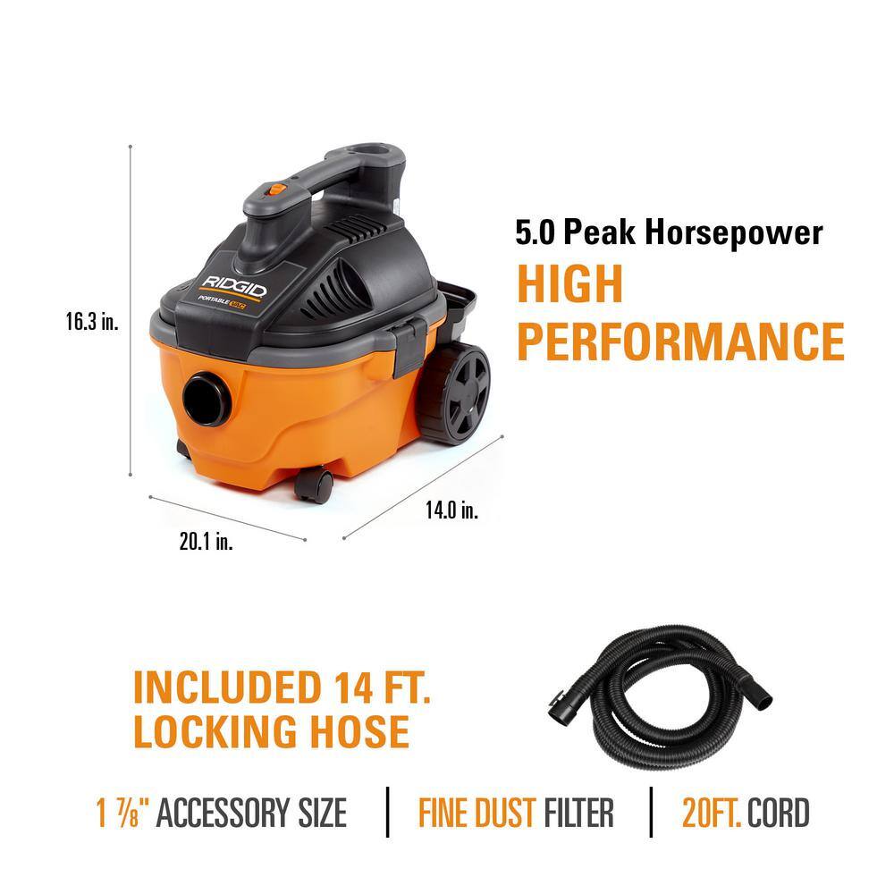 RIDGID 4 Gallon 5.0 Peak HP WetDry Shop Vacuum with Fine Dust Filter Hose Accessories and Additional 14 ft. Tug-A-Long Hose WD4070B