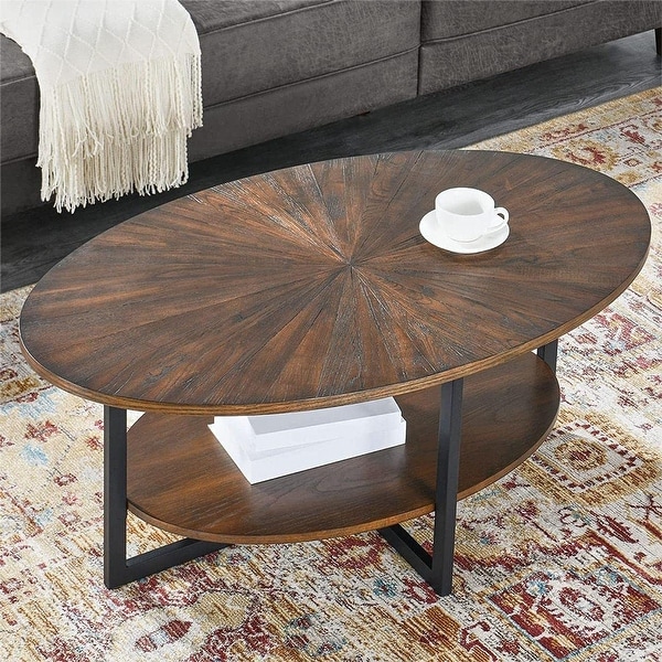 Solid Wood Oval Coffee Table with Cross Metal Legs