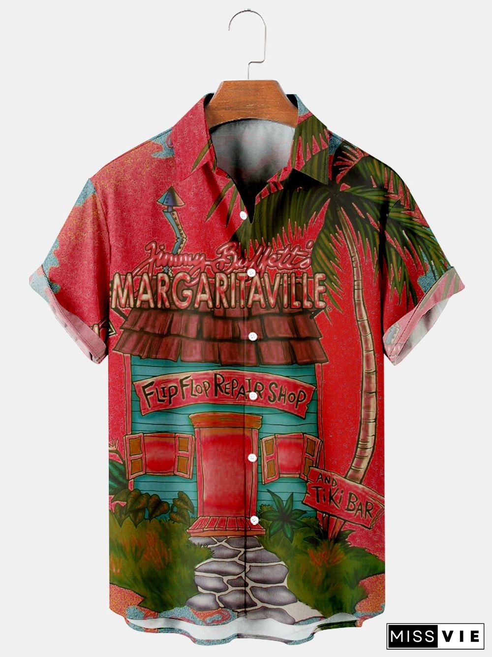 House And Coconut Tree Casual Loose Men's Plus Size Short-Sleeved Shirt