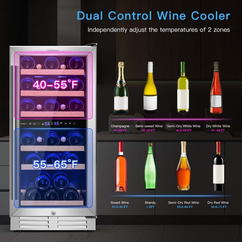 30-Bottle Wine Cooler Dual Zone Wine Cellar with Temp Memory, Freestanding & Built-in Wine Refrigerator