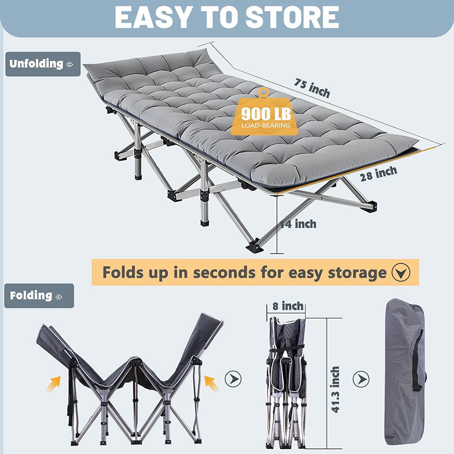 Ficisog Folding Camping Cot for Adults,Folding Cot Bed With detachable Mattress& Carry Bag,660lbs Double Layer Oxford Heavy Duty Tent Cot,Supports 660 lbs