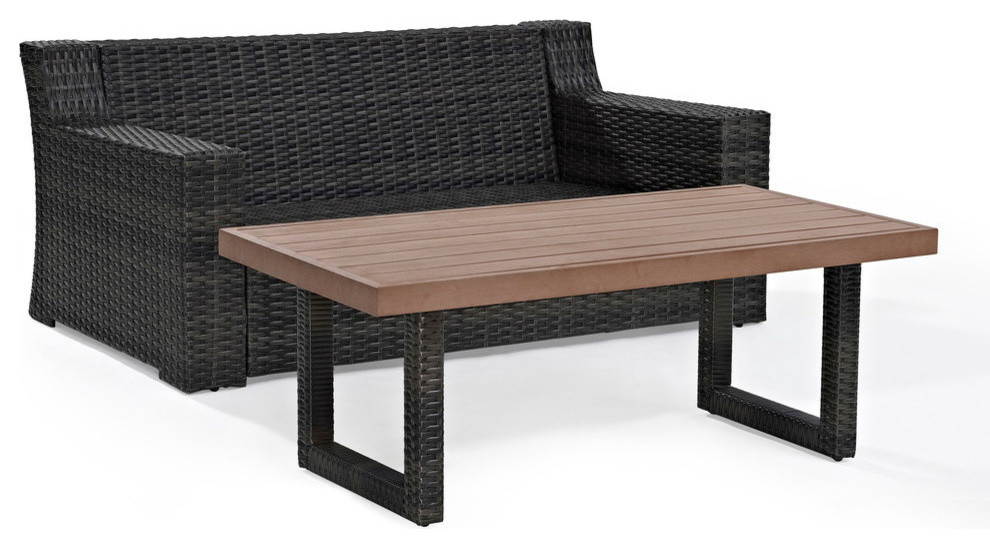 Beaufort 2Pc Outdoor Wicker Chat Set Mist/Brown   Loveseat  ampCoffee Table   Tropical   Outdoor Lounge Sets   by Crosley  Houzz