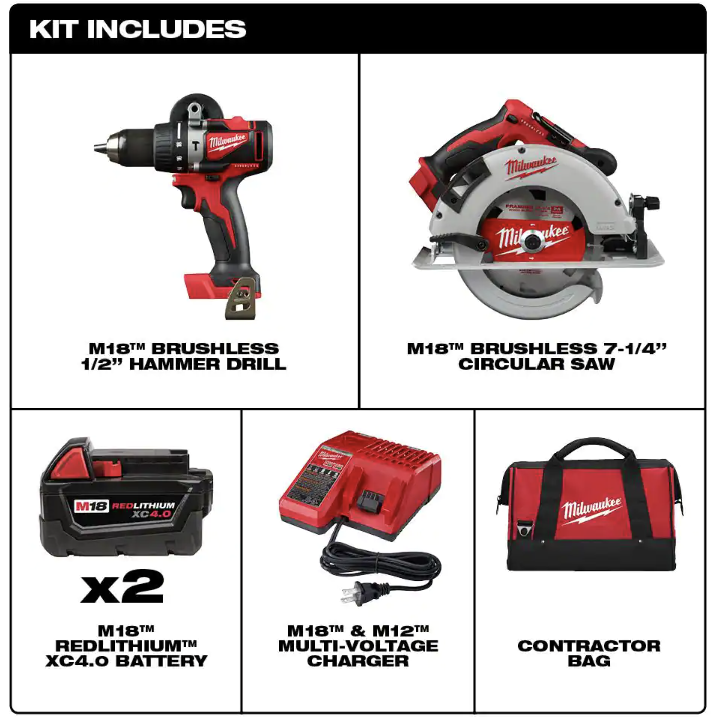 Milwaukee M18 18V Lithium-Ion Brushless Cordless Hammer Drill and Circular Saw Combo Kit (2-Tool) with Two 4.0 Ah Batteries (2992-22)