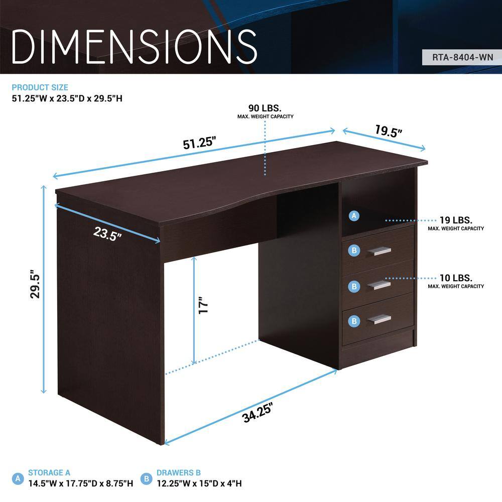 TECHNI MOBILI 51.25 in. Rectangular Wenge 3 Drawer Computer Desk with Built-In Storage RTA-8404-WN