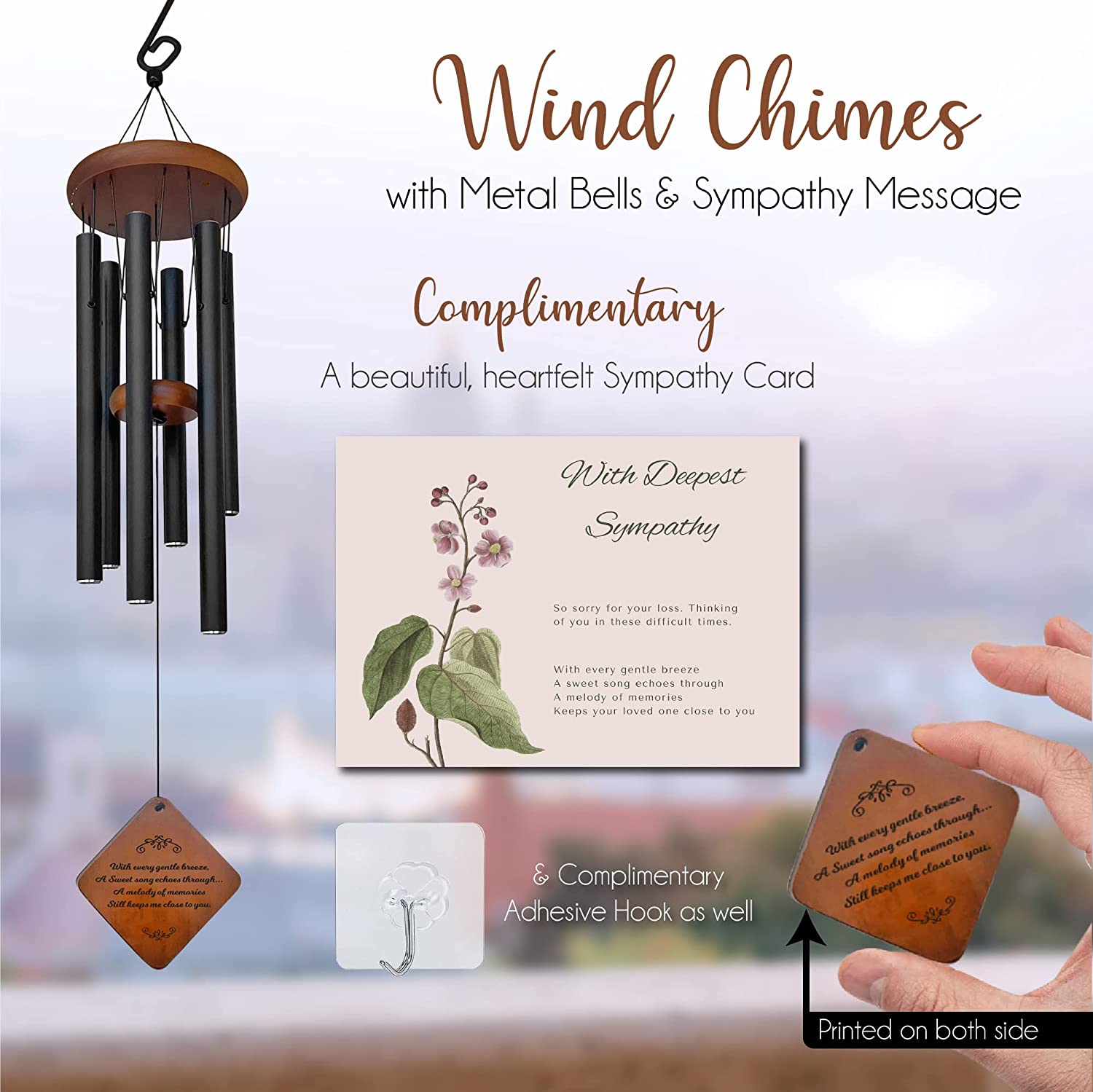 Memorial Wind Chimes ， Wind Chimes for Loss of Loved One ， Sympathy Wind Chimes ， Bereavement Gift ， Funeral Gift ， Rememberance Gift for Loss， Memorial Wind Chime for Loss with Sympathy Card and Hook