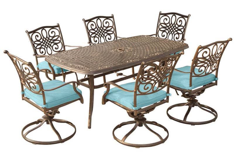 Hanover Traditions 7-Piece Outdoor Dining Set In Blue With 72 x 38 Cast-Top Table