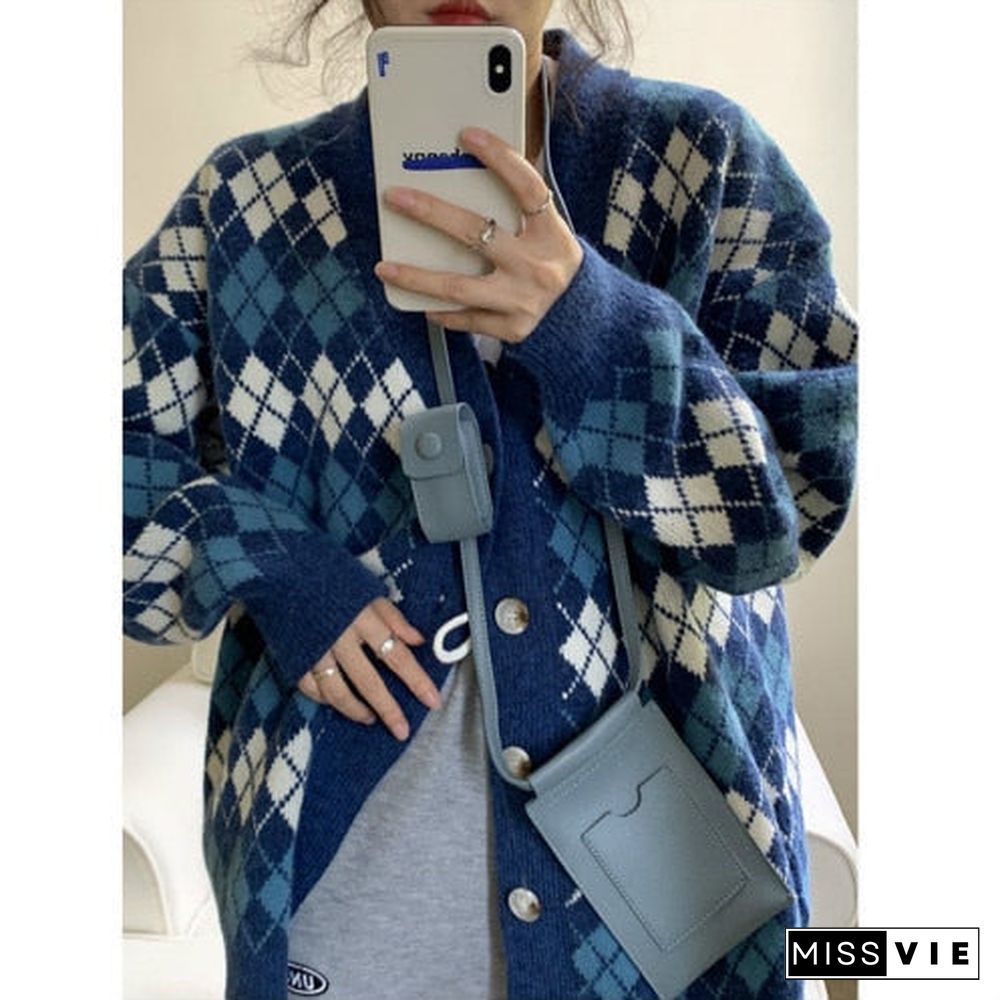 Knitted Cardigans Ladies Long Sleeve Argyle Korean Sweaters Female V-neck Rhombus Plaid Cardigan Jacket Fashion Women Sweater