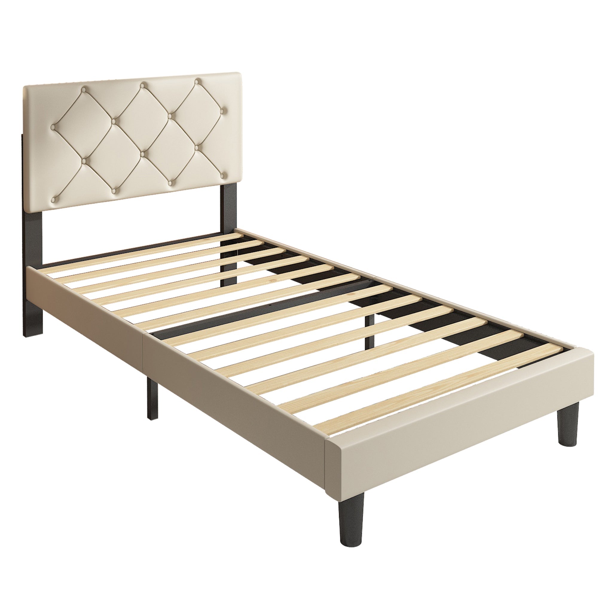 uhomepro Beige Twin Bed with Adjustable Faux Leather Upholstered Headboard, Modern Platform Bed Frame for Bedroom with Wood Slats Support, No Box Spring Needed