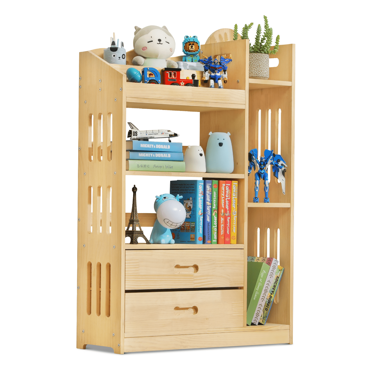 MoNiBloom Wood 4 Tiers 2 Drawers Bookshelf, Toys Books Display Storage Bookcase, Natural, for Home