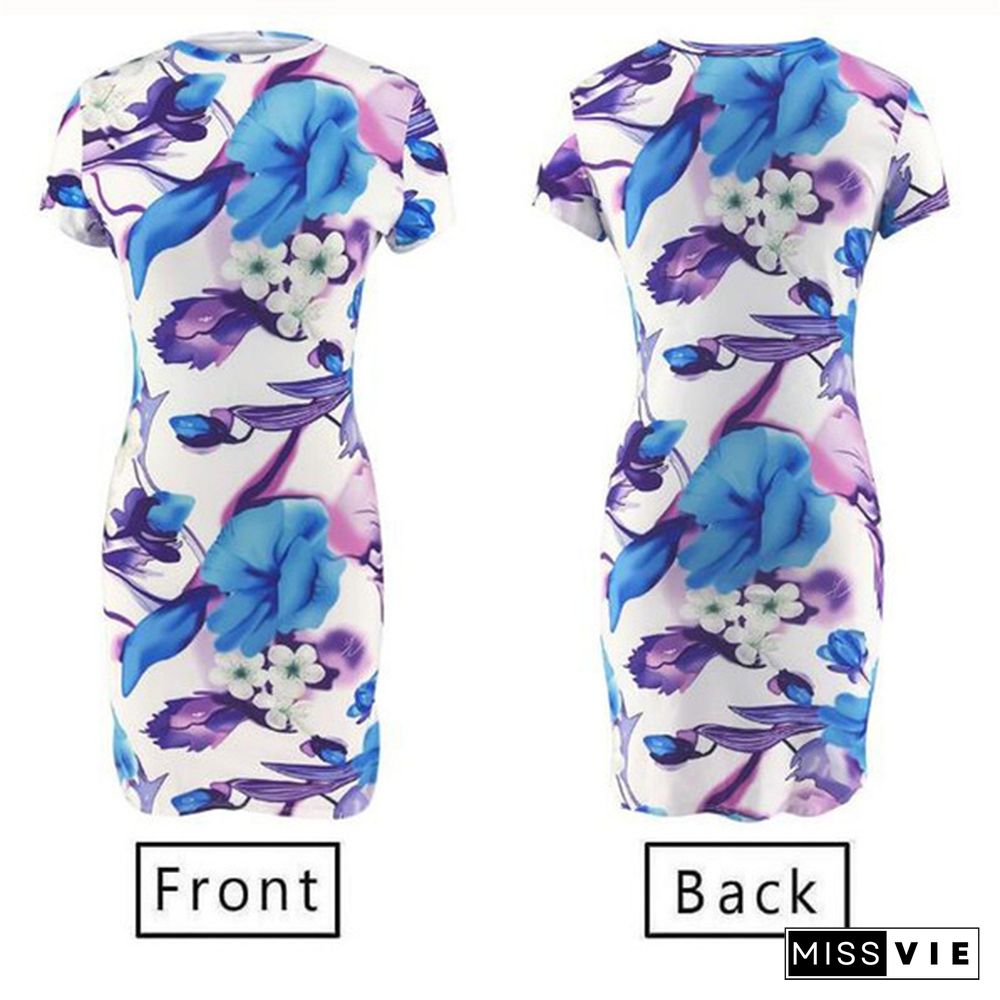 Hot Summer Elegant Floral Print Bodycon Short Sleeve O neck Causal Dress