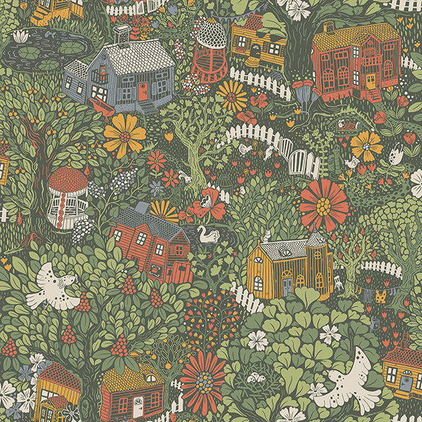 Sample Bygga Bo Green Woodland Village Wallpaper from Briony Collection