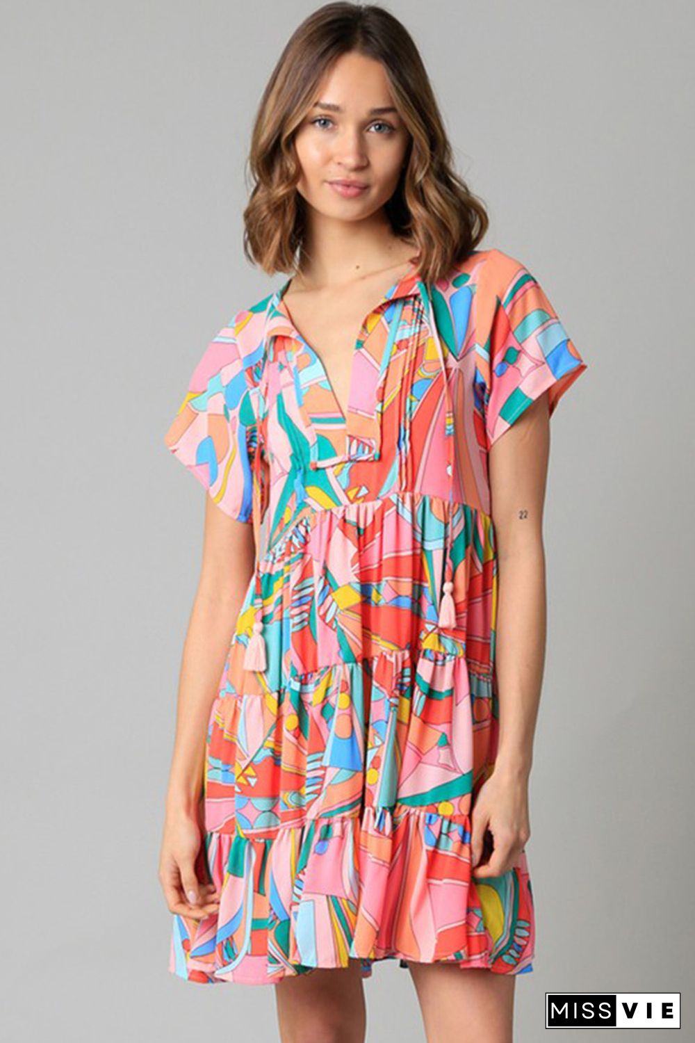 Multicolor Abstract Geometric Print Tassel Tie Flared Dress