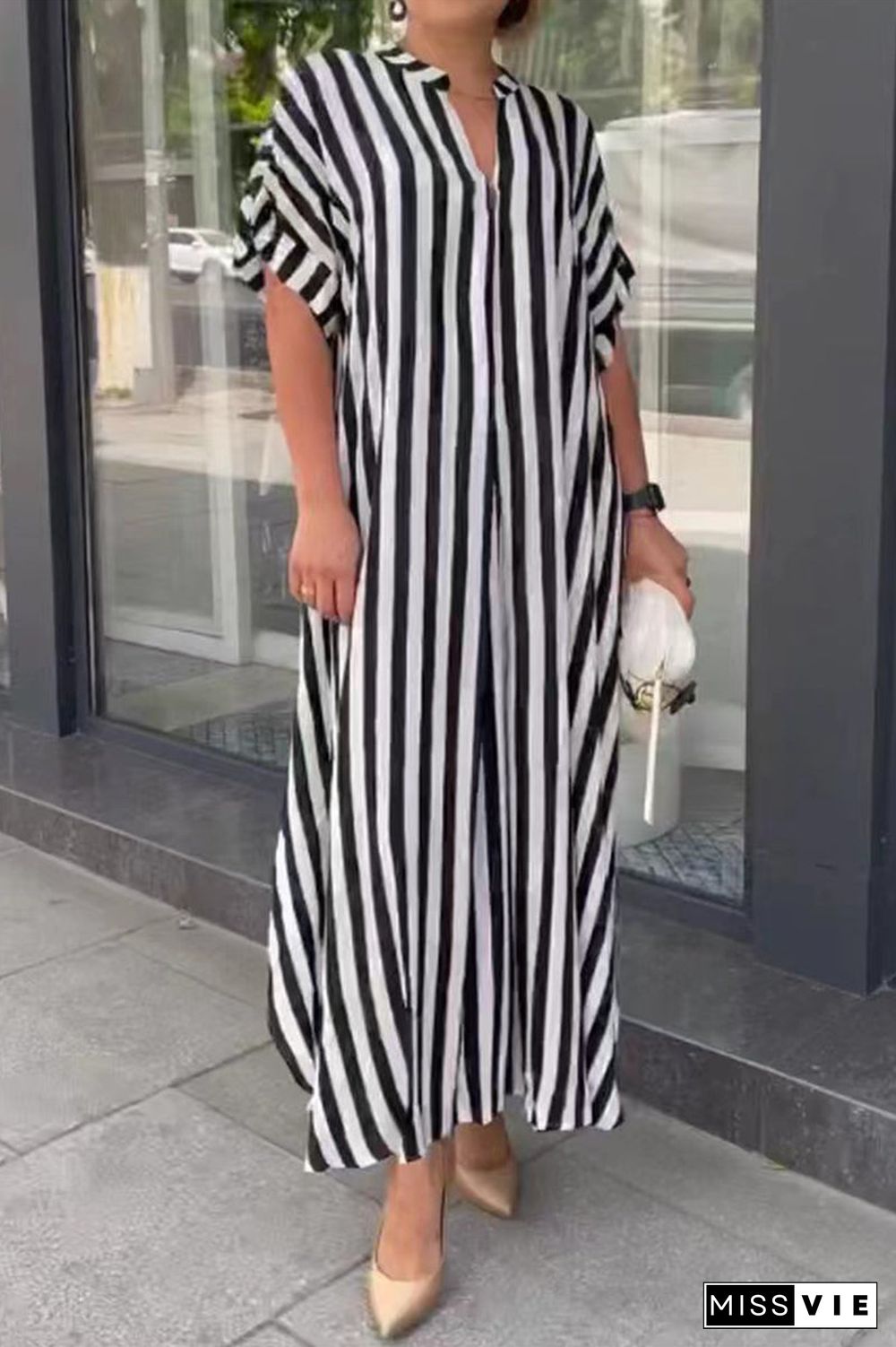 Casual Striped Patchwork V Neck Straight Dresses(3 Colors)