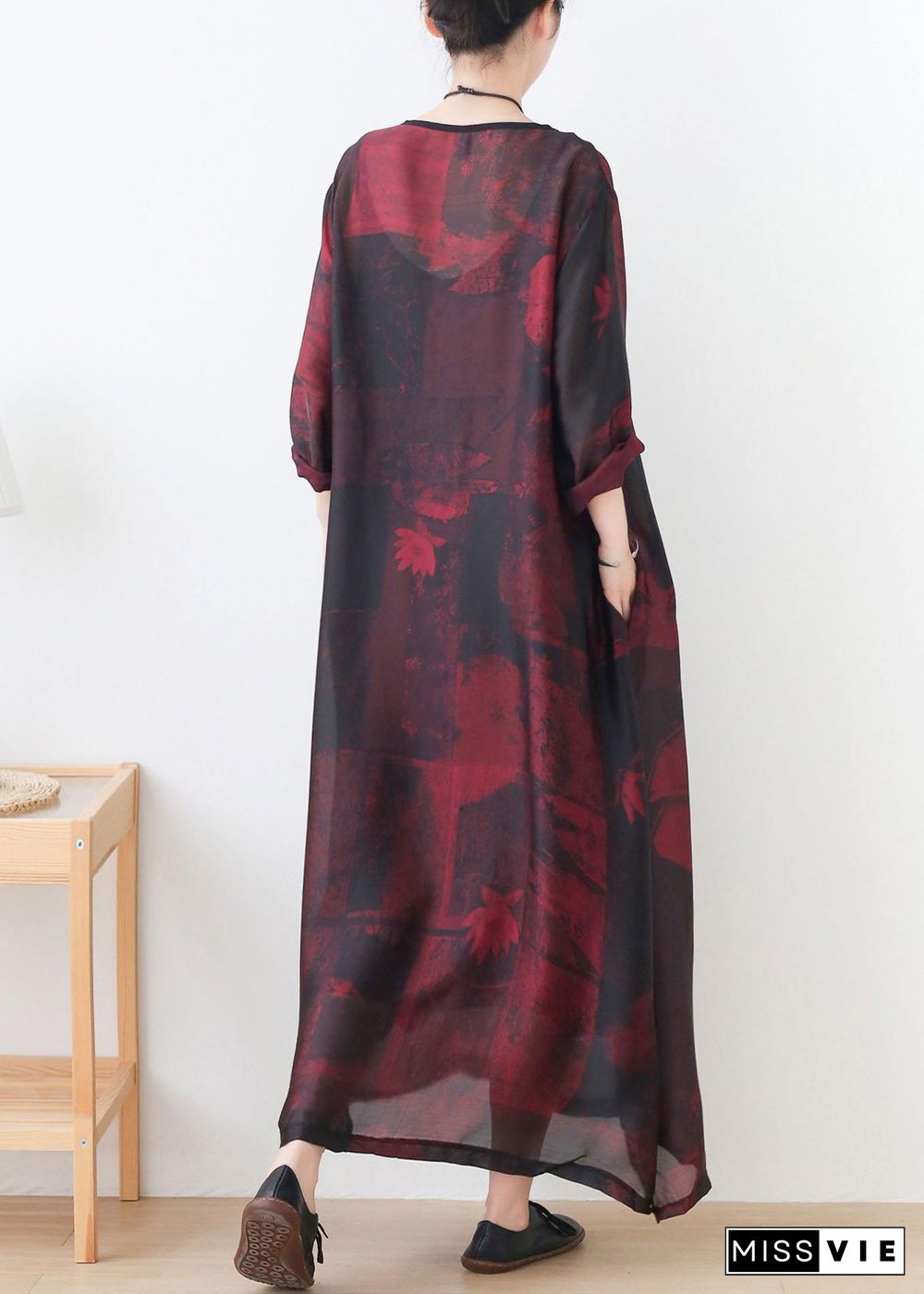 Natural Red Print Chiffon O-Neck Summer Dresses