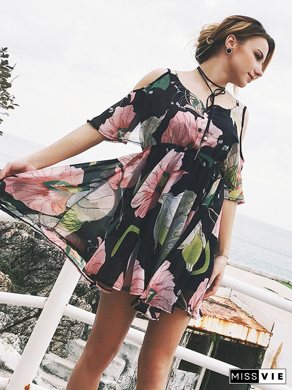 Lace Floral Printed Short Sleeve Mini Dress