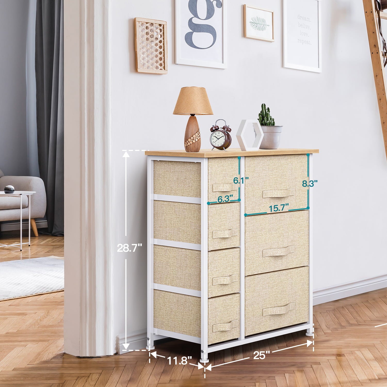 Beige Modern 7 Drawer Fabric Dresser with Wood Top