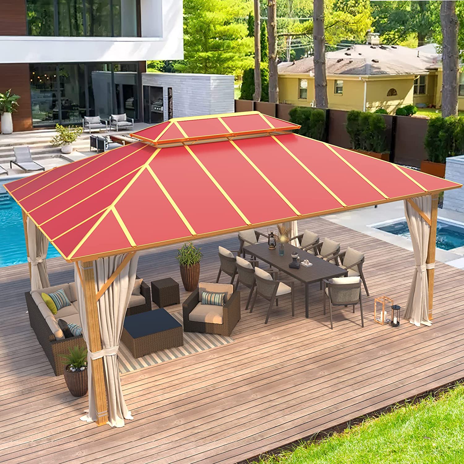 Mellcom 12' x 16' Aluminum Frame Outdoor Gazebo, Double Roof  Metal Gazebo for Patios, Gardens, Lawns, Parties, Claret