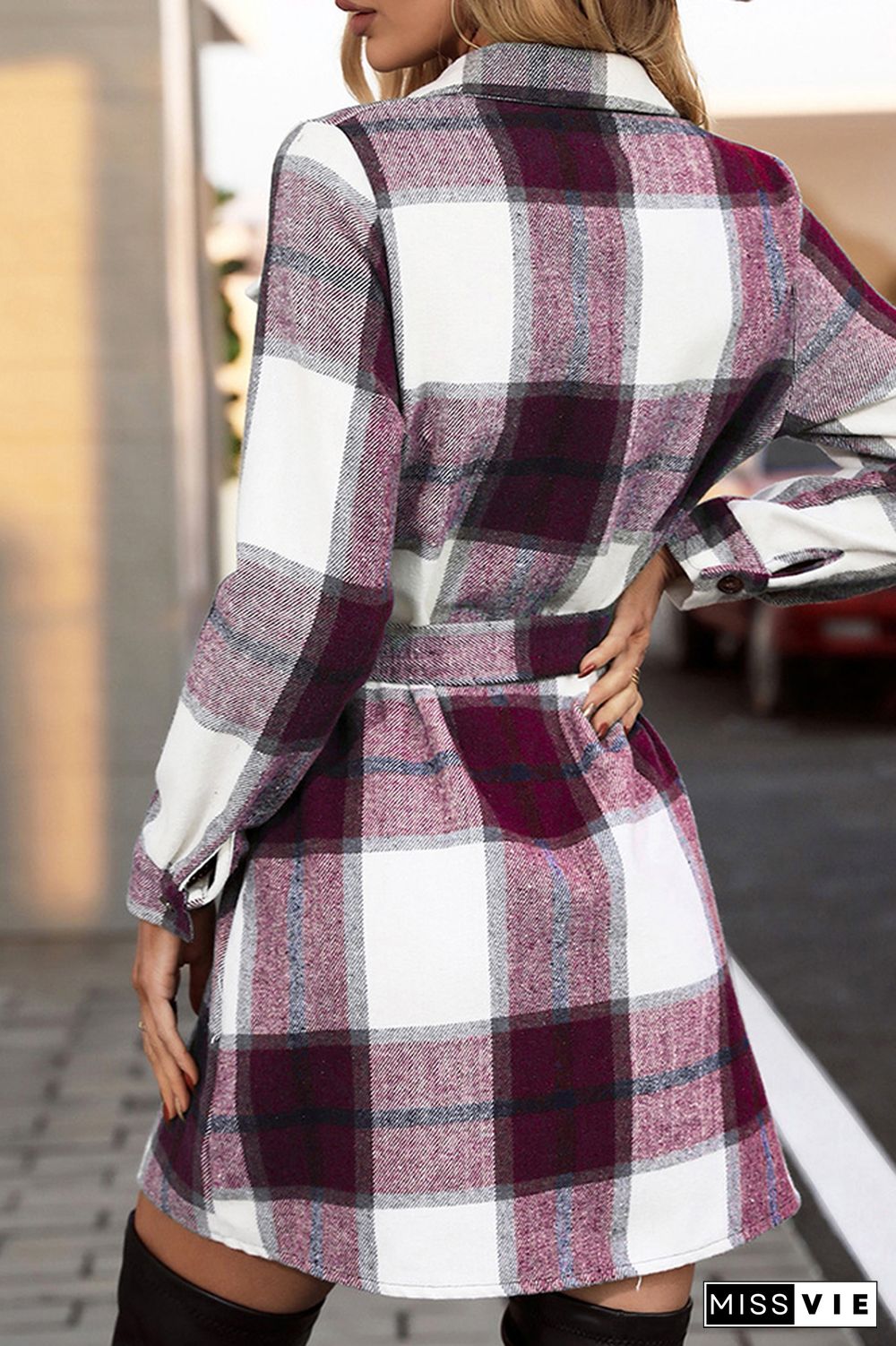 Open Button Plaid Long Jackets With Waist Belt Wholesale