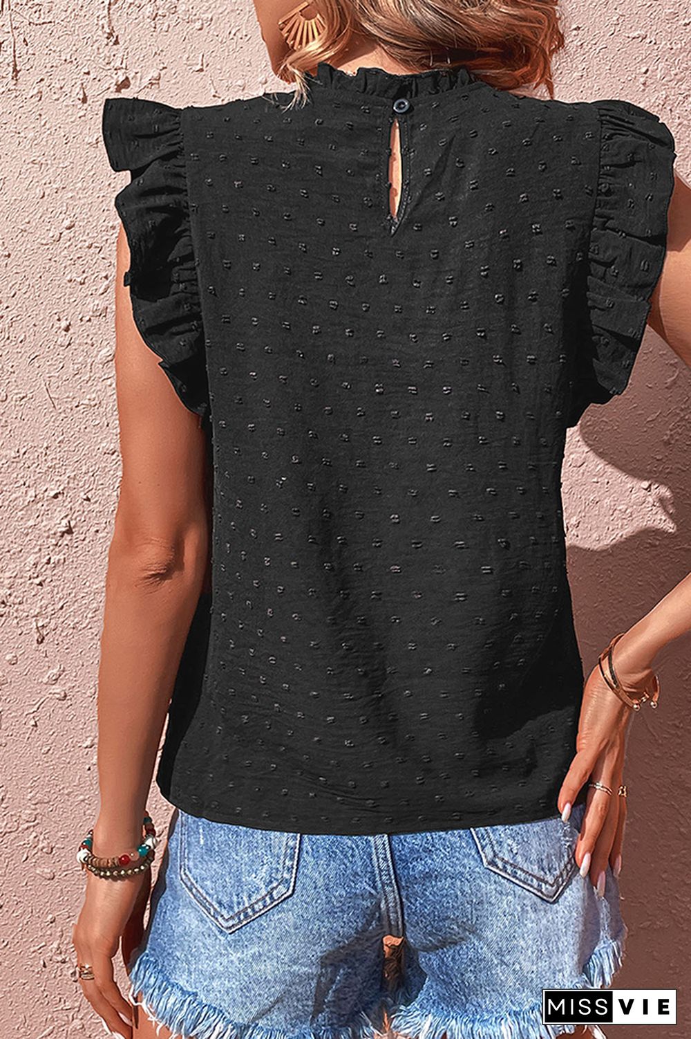 Black Frilled Crochet Lace Splicing Swiss Dot Tee