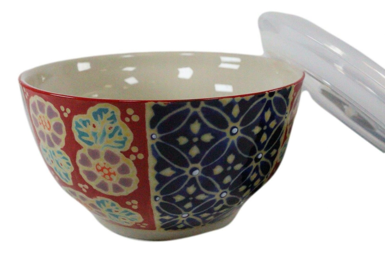 1 Set of 2 Ceramic Blue Red Floral Patterns Portion Meal Bowls 2 Cups W/ Lid EBR02