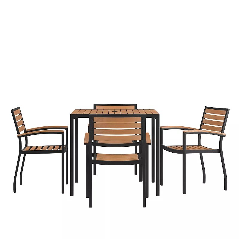 Flash Furniture Outdoor Faux Teak Dining Table and Club Chair 5-piece Set