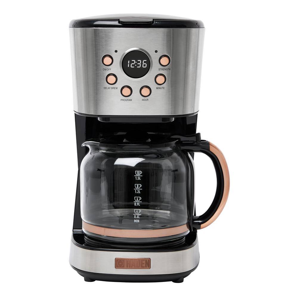 HADEN 12-Cup Steel and Copper Retro Style Drip Coffee Maker with Strength Control and Timer 75106