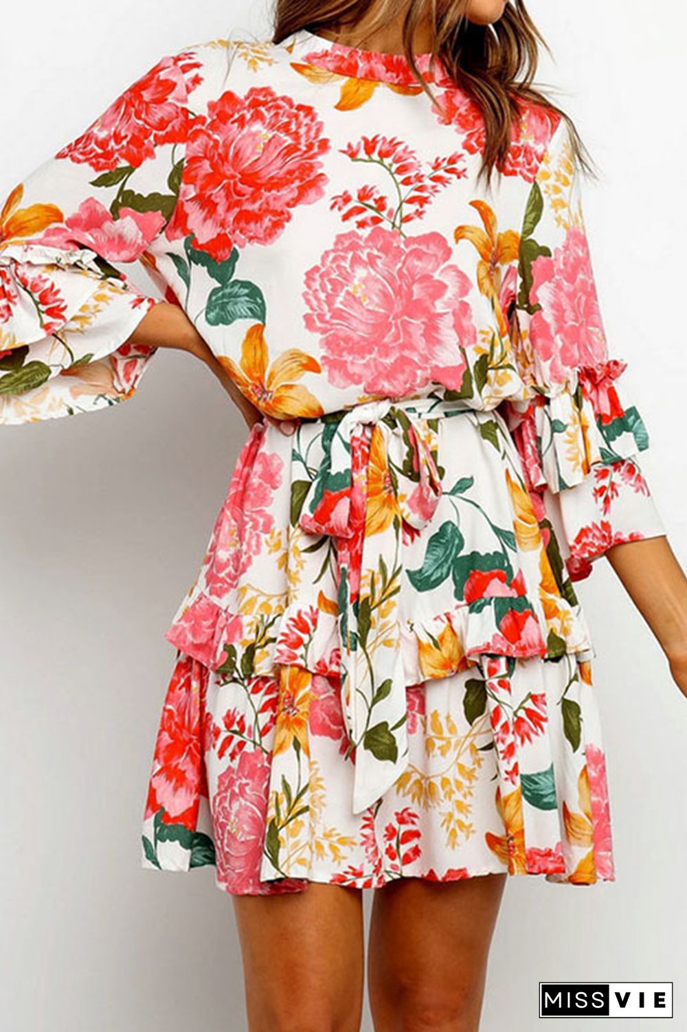 Elegant Floral Flounce Strap Design O Neck Waist Skirt Dresses