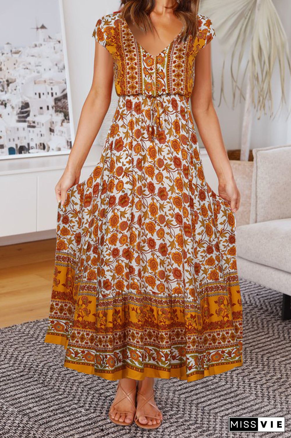 V Neck Buttoned Drawstring Bohemian Print Maxi Dress