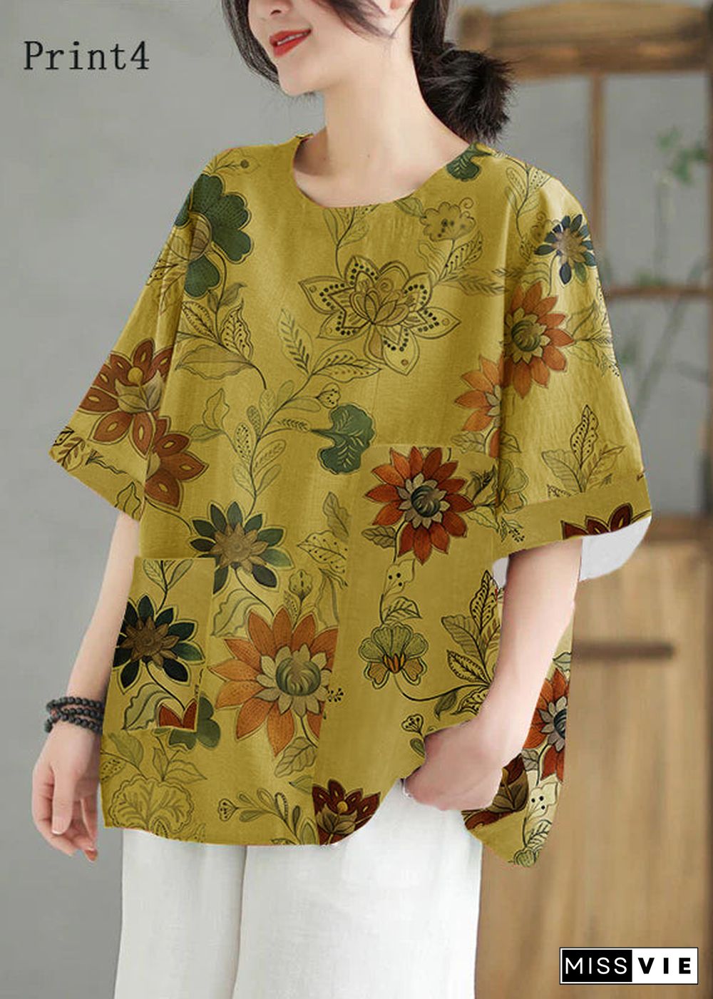 Women Print6  O Neck Print Patchwork Linen T Shirt Top Summer