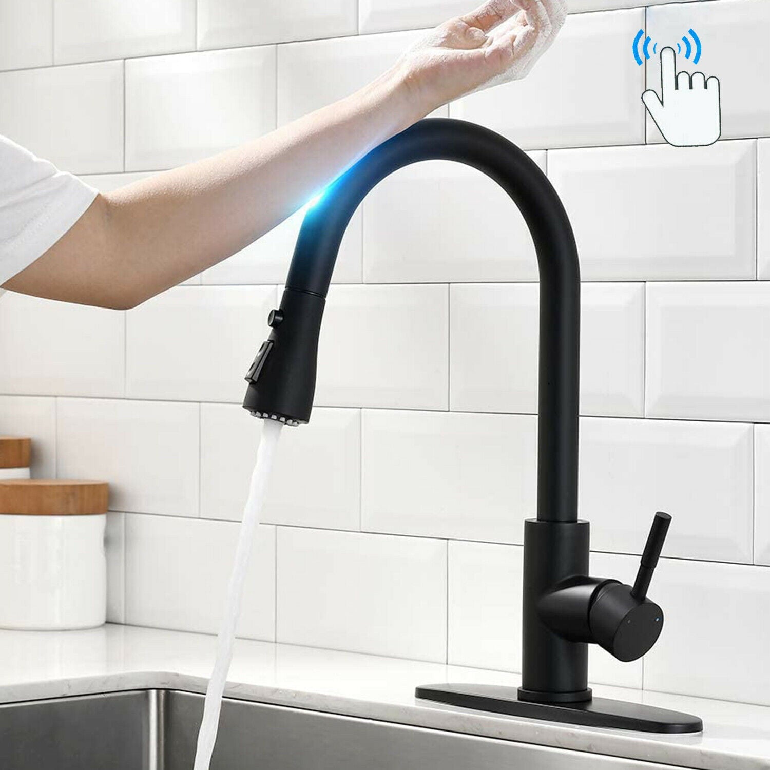 Black Touch On Sensor Kitchen Sink Faucet Pull Out Side Sprayer with Cover