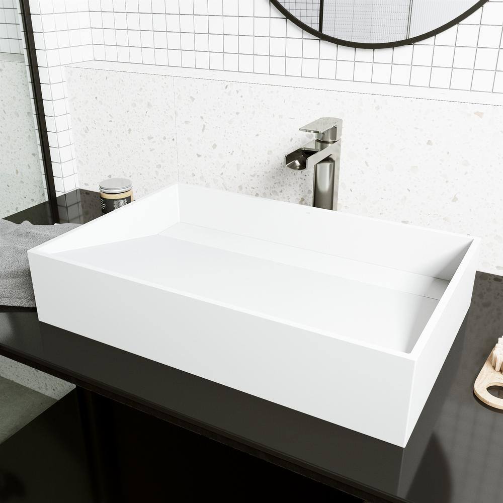 VIGO Starr Modern White Matte Stone 23 in. L x 15 in. W x 5 in. H Rectangular Vessel Bathroom Sink VG04028