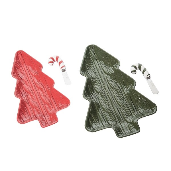 Transpac Dolomite 13.25 in. Multicolor Christmas Trees with Sweater Texture Platter with Spreader Set of 4