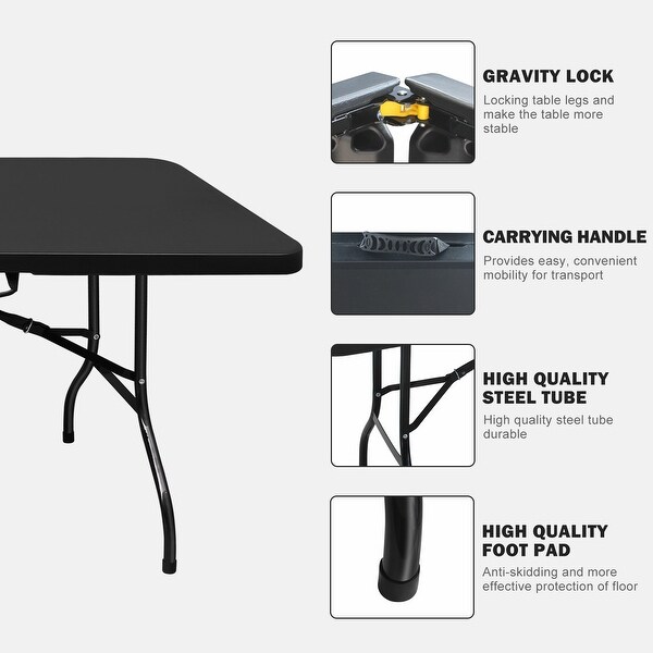 High Load Bearing Foldable Table Black，8ft Folding Table， Portable Plastic Table