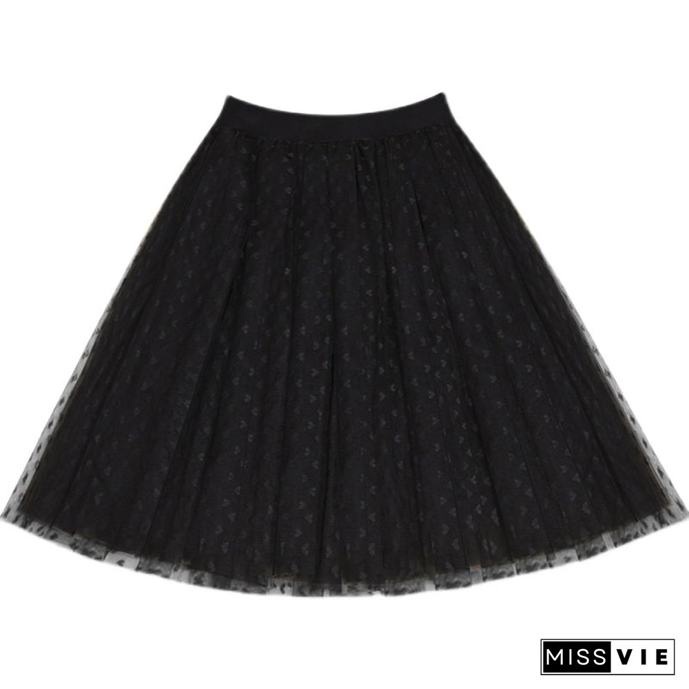 Women Black Dot tulle Box Pleats Skirts Summer