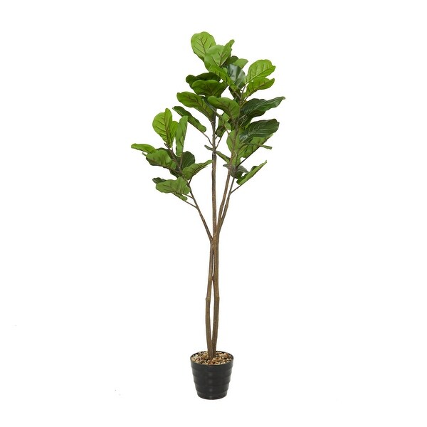 Green Faux Foliage Fiddle Leaf Artificial Tree with Realistic Leaves and Black Melamine Pot