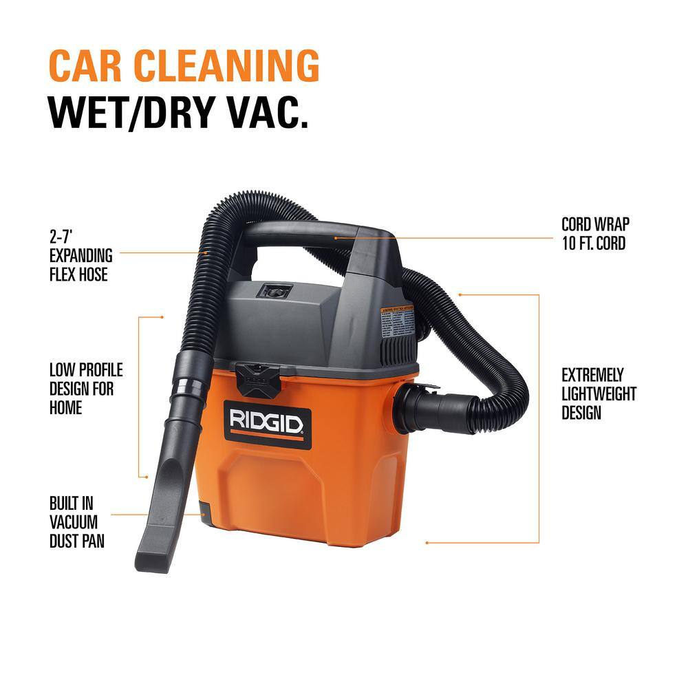 RIDGID 3 Gallon 3.5 Peak HP Portable WetDry Shop Vacuum with Built in Dust Pan LED Lighted Car Nozzle and Car Cleaning Kit WD3050C