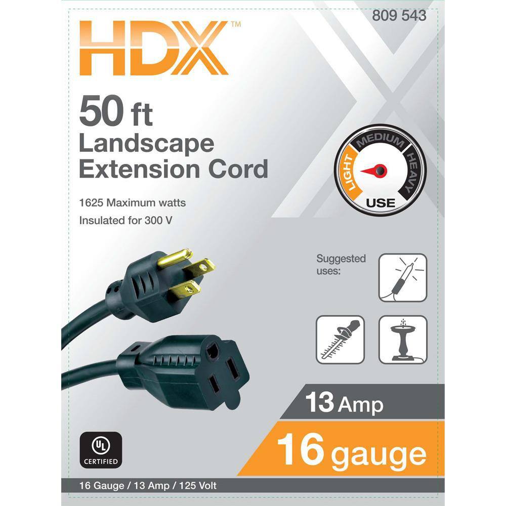 HDX 50 ft. 163 Light Duty IndoorOutdoor Landscape Extension Cord Green HD#809-543