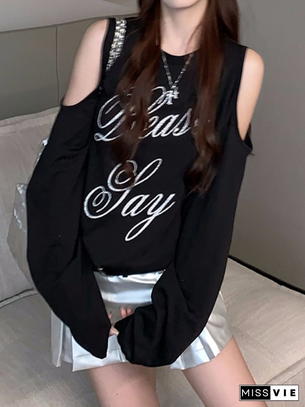 Cold Shoulder Letter Print Oversized Long Sleeve Tee