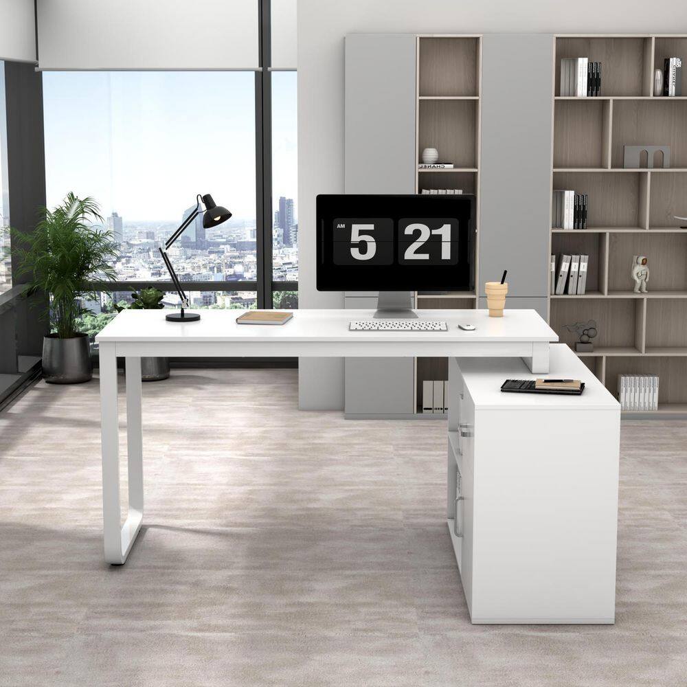 FUFUGAGA L-Shaped Wooden Computer Desk White Finish with 1 Drawer Open Shelves and Eco-Friendly Paint Finish 55.1 in. W LBB-KF210175-01